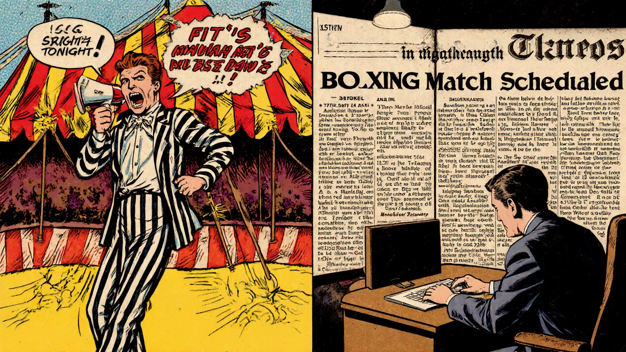 1920s carnival barker shouting "Fight" next to 1930s British newsroom with "Match" headline.