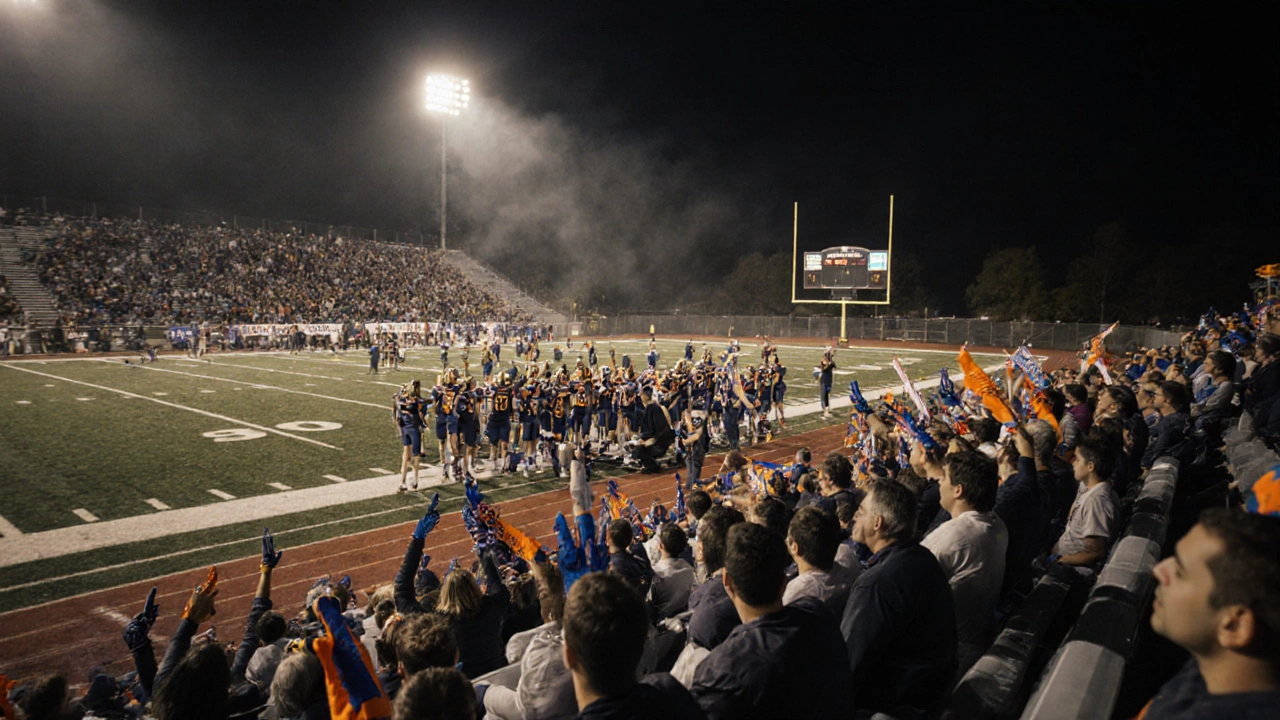 A high school football game under Friday night lights, with fans of all ages cheering in the stands.