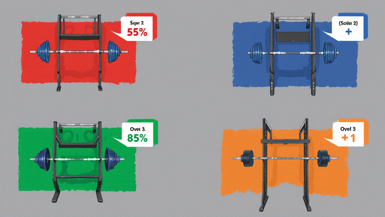 Aerial view of gym zones for squat, bench, deadlift, and press with weight percentages and reps.