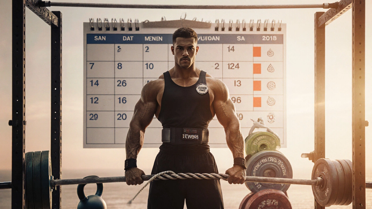 Athlete beside calendar of cycles, increasing barbells showing progression and accessories.