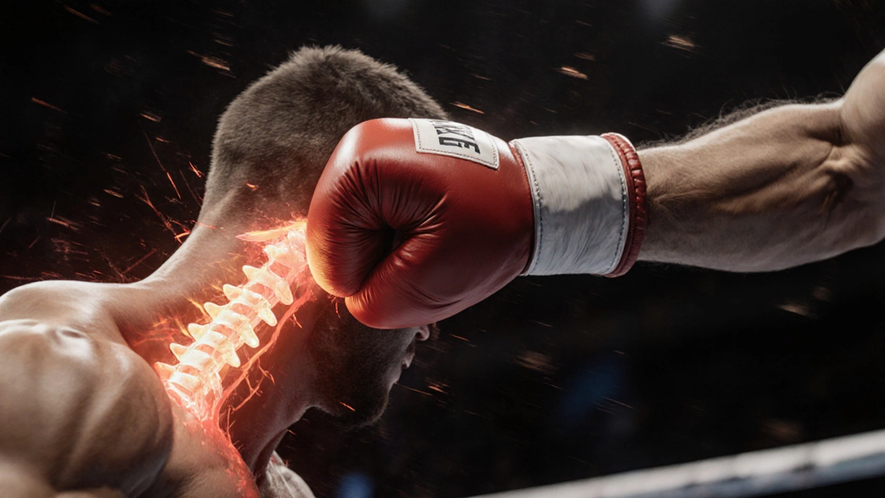 Boxing glove striking back of head in slow motion, showing dangerous impact and motion blur