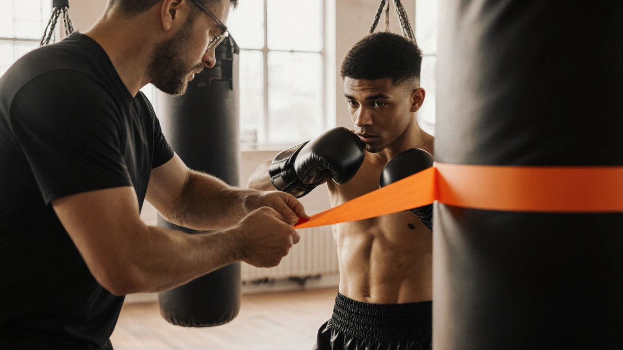 Coach marking legal strike zone on training dummy as boxer practices proper body shot technique