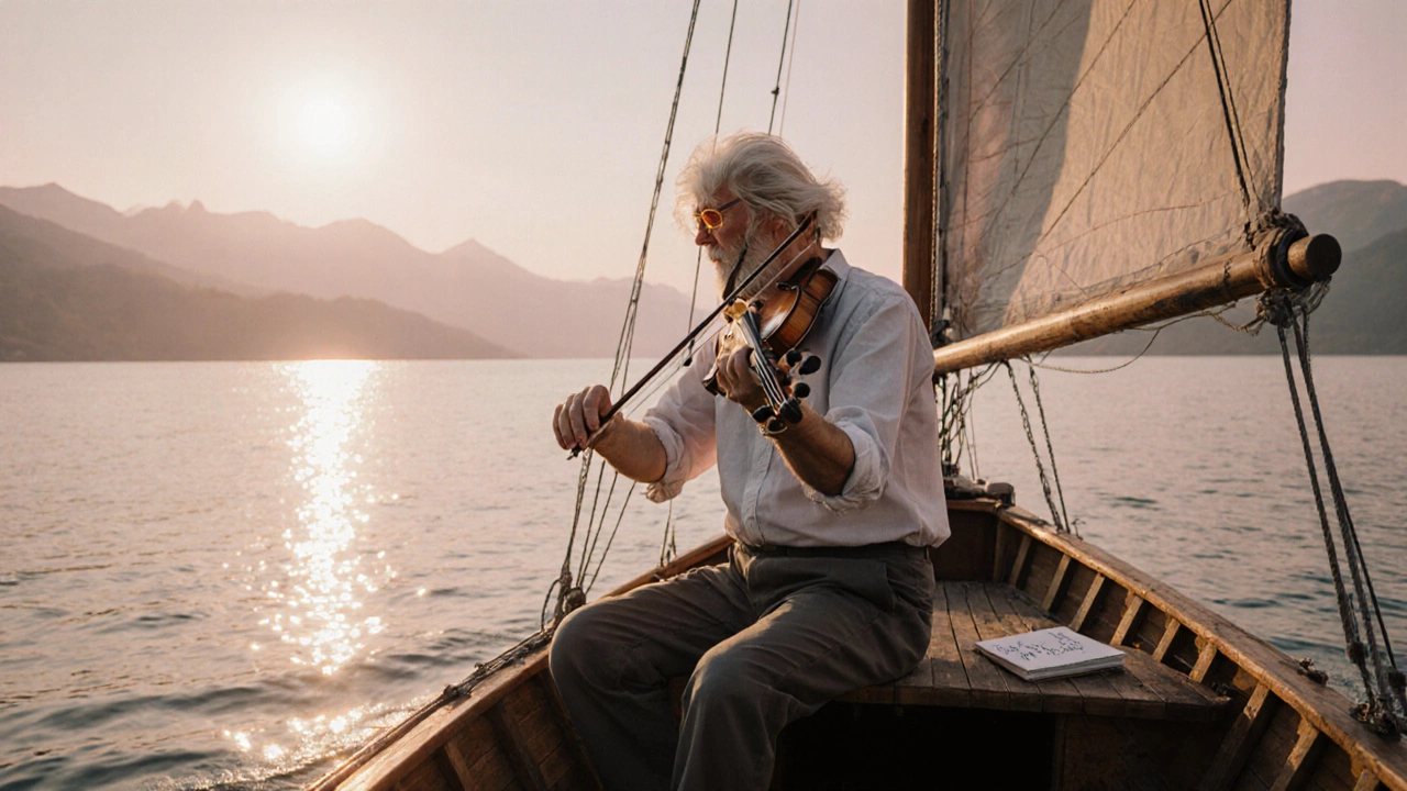 Einstein on a sunrise lake boat, playing violin, with misty mountains behind.