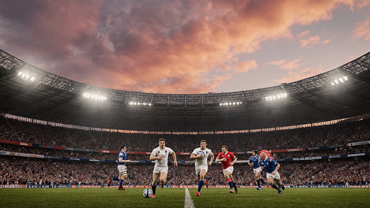 England rugby players and fans celebrate at Twickenham stadium.