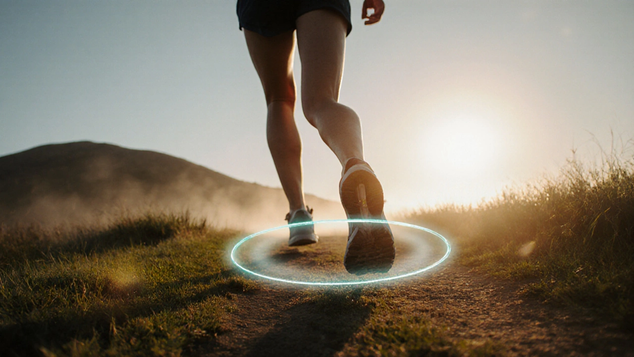 Fore‑foot strike on sunrise grass trail with motion blur indicating high cadence.