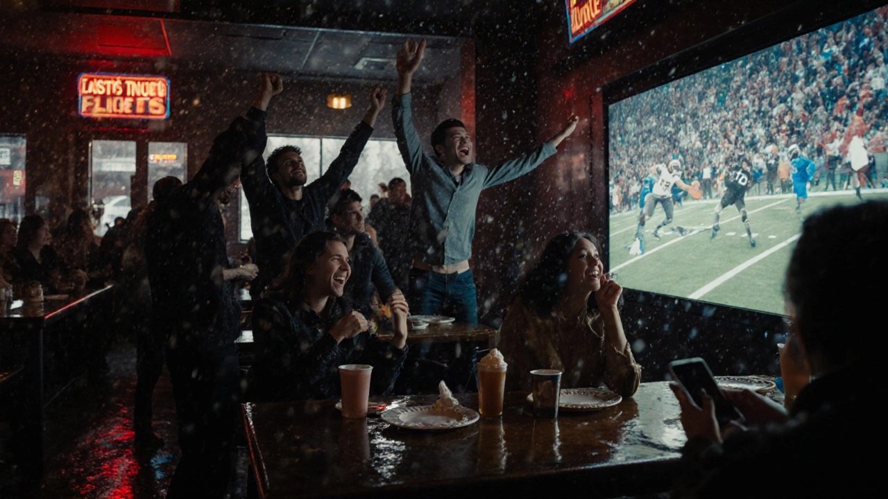 Friends react dramatically in a bar during a Super Bowl touchdown, beer in hand and snow falling outside.