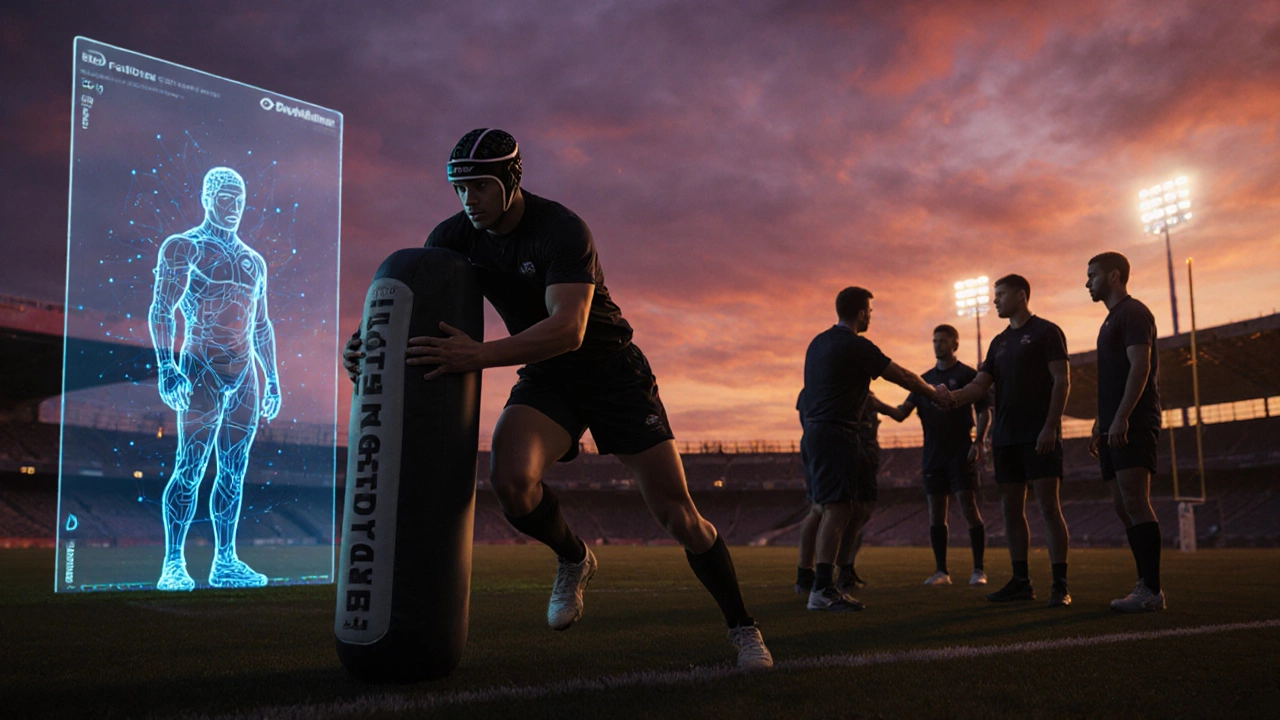 Futuristic rugby training scene with concussion sensor gear and AI referee hologram, emphasizing safety.