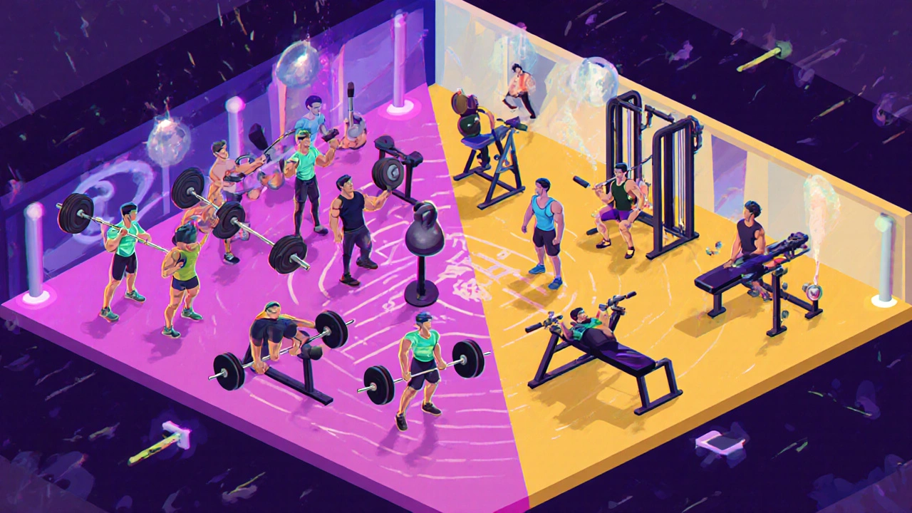 Gym divided into zones showing full‑body, upper‑lower, push‑pull, and single‑muscle workouts.