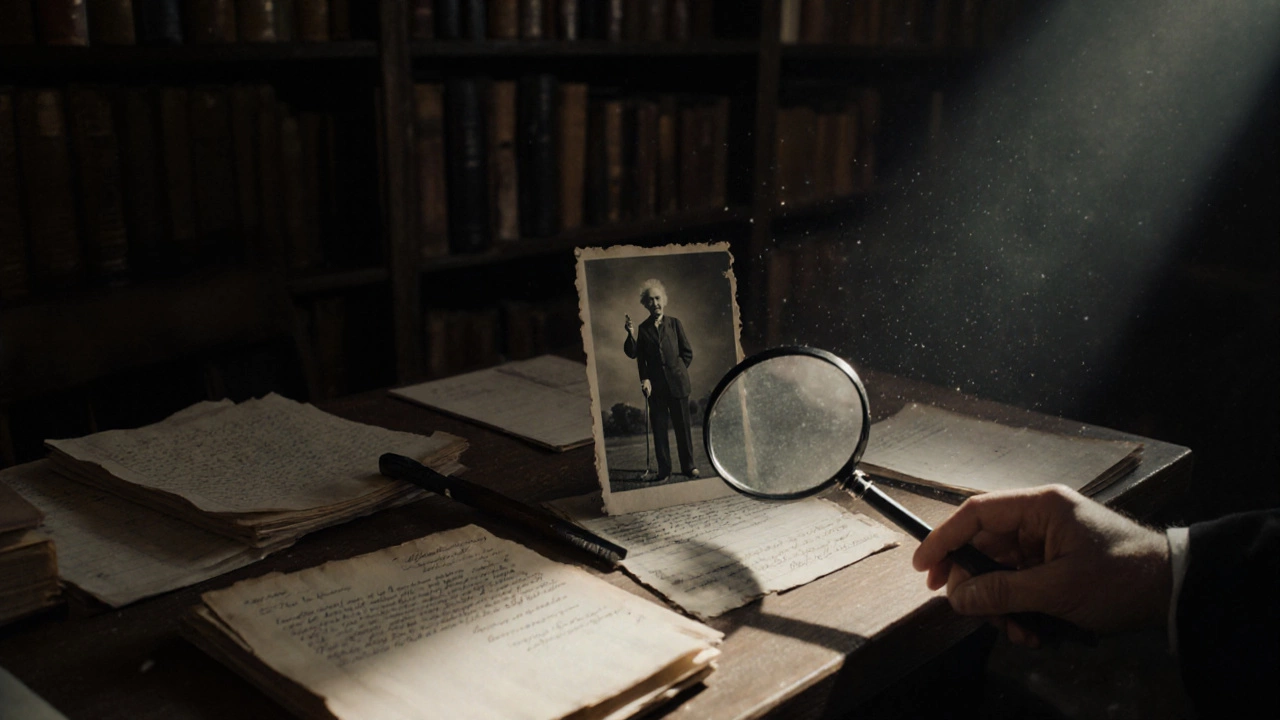 Historian in a dim archive examining a staged Einstein golf photo among old letters.