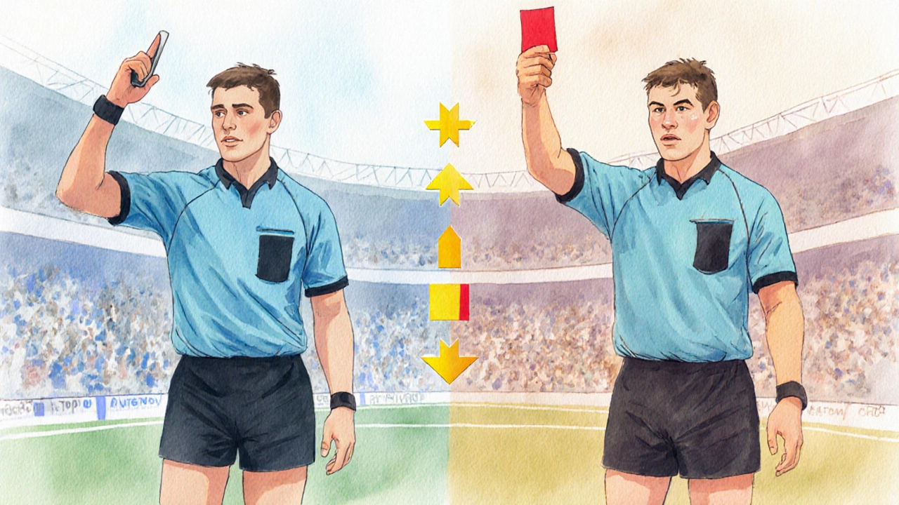 Illustration of a referee giving a warning and a yellow card, depicting the steps of golden rule enforcement.
