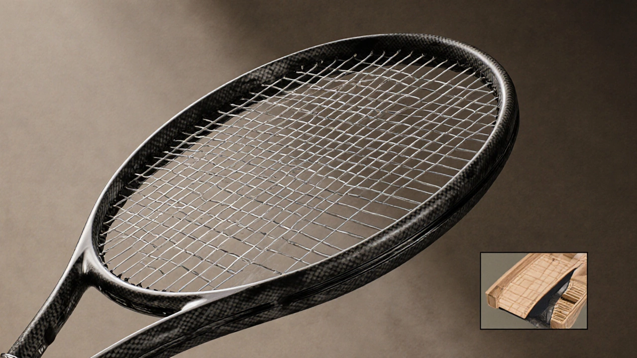 Illustration showing a carbon‑fiber tennis racket with titanium inserts and a cut‑away view next to a wooden racket.