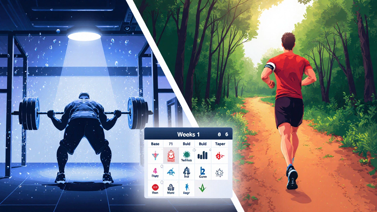 Illustration split of athlete squatting in gym and running on trail with training calendar.