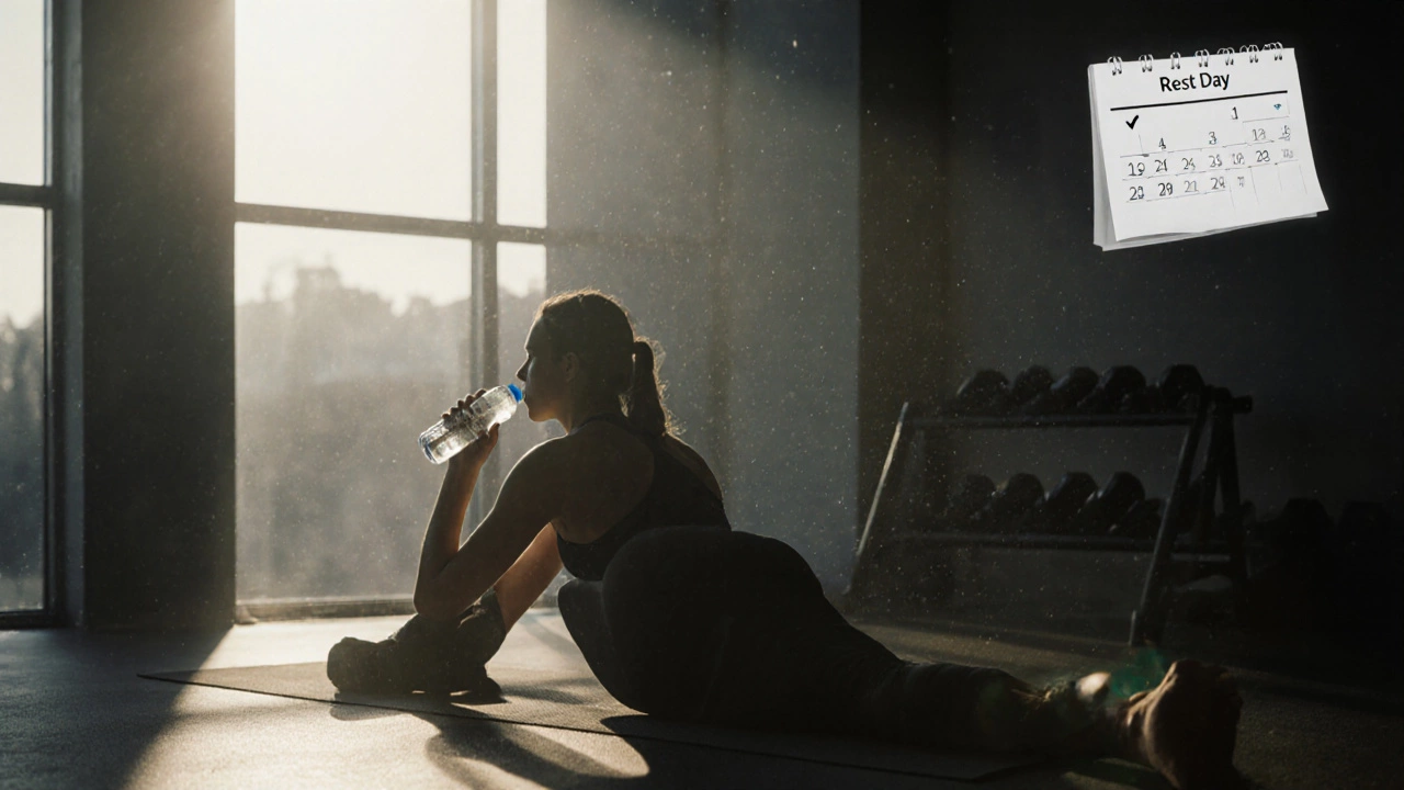 Individual resting on a mat in a quiet gym, highlighting recovery after training.
