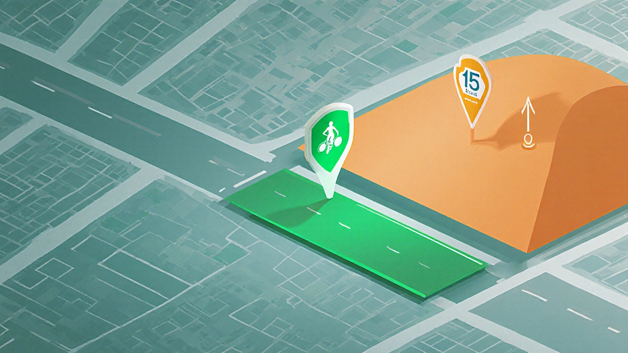 Isometric map highlighting default, bike lane, and hill speed assumptions for cyclists.