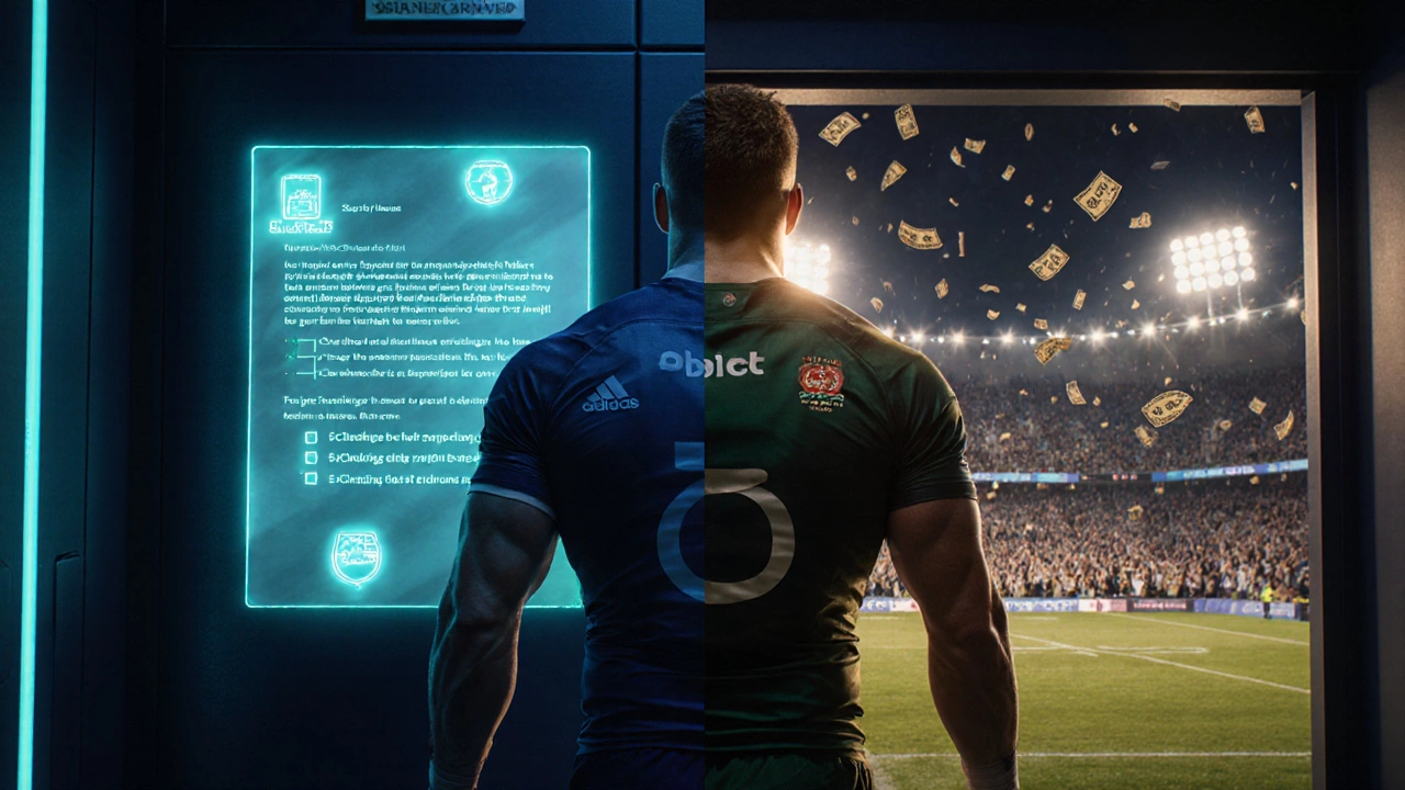 Locker room split scene showing a player, streaming icons, contract paper, and a cheering stadium.