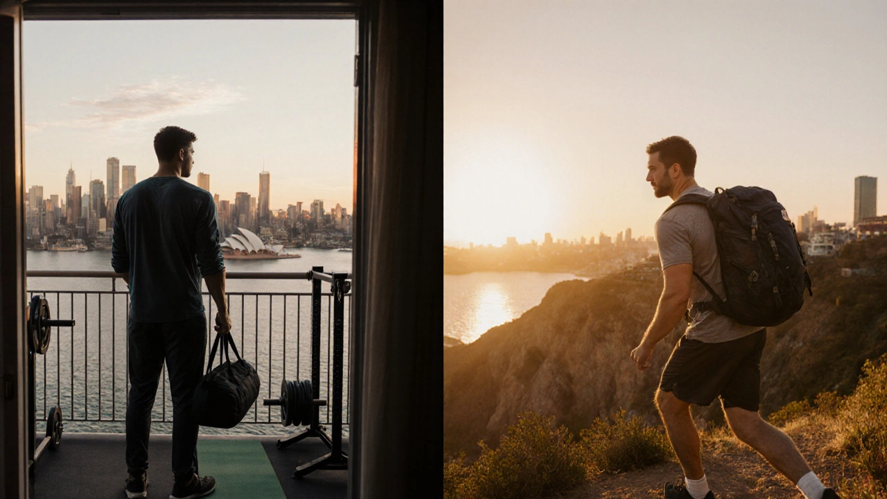 Man on Sydney balcony with home gym, later hiking coastal trail at sunrise.