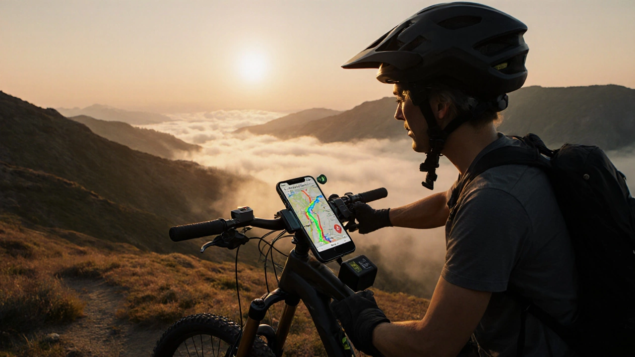 Mountain biker at sunrise using a phone with voice navigation and a power bank.