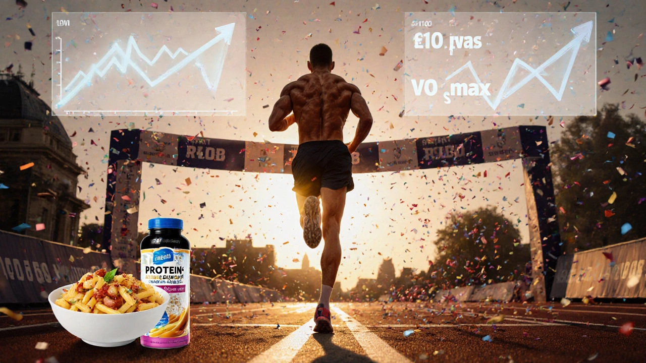 Oil‑painting of muscular marathoner crossing finish line with nutrition symbols.
