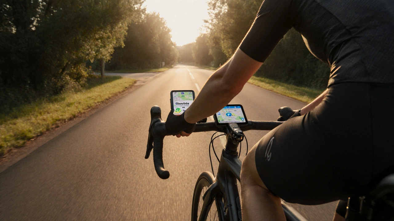 Road cyclist riding uphill with bike computer and Google Maps ETA overlay in evening light.