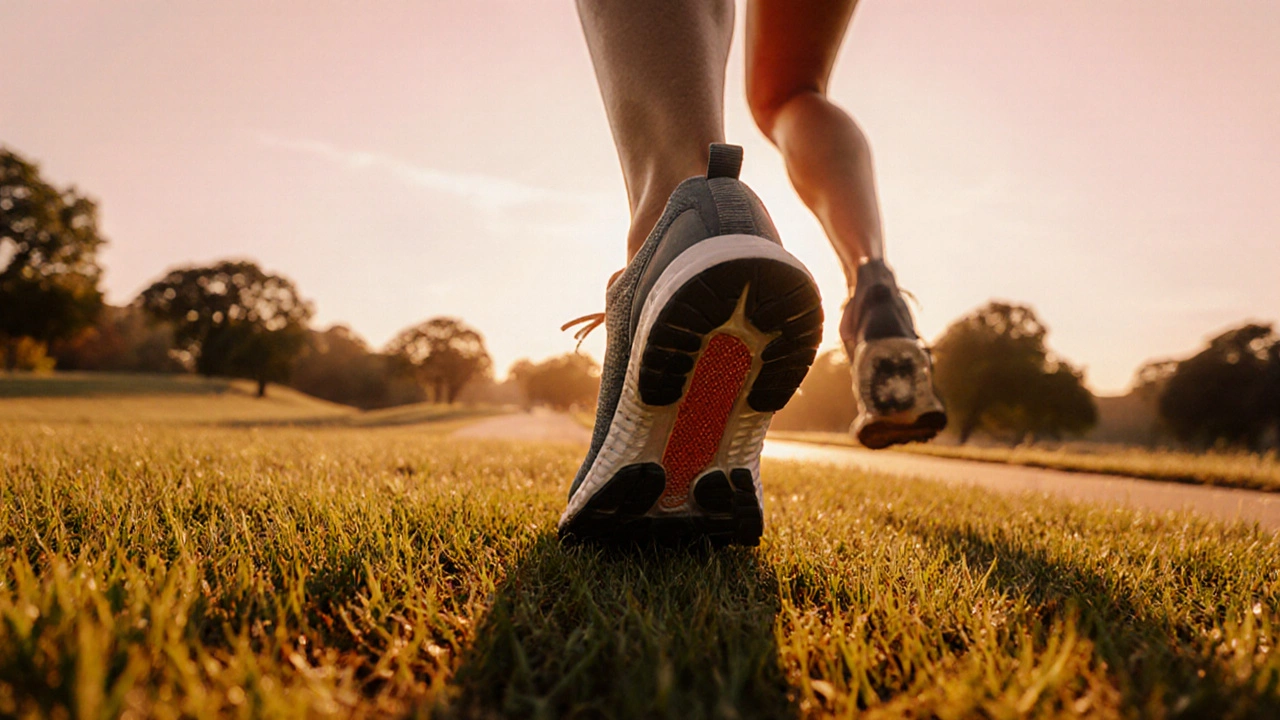 Runner lands gently on grass wearing casual sneakers with visible orthotic insole at sunset.