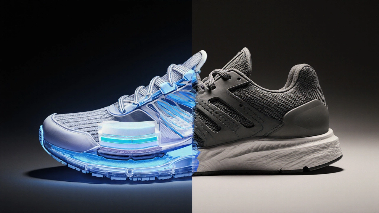 Side‑by‑side cutaway of a running shoe and a regular sneaker showing internal cushioning differences.