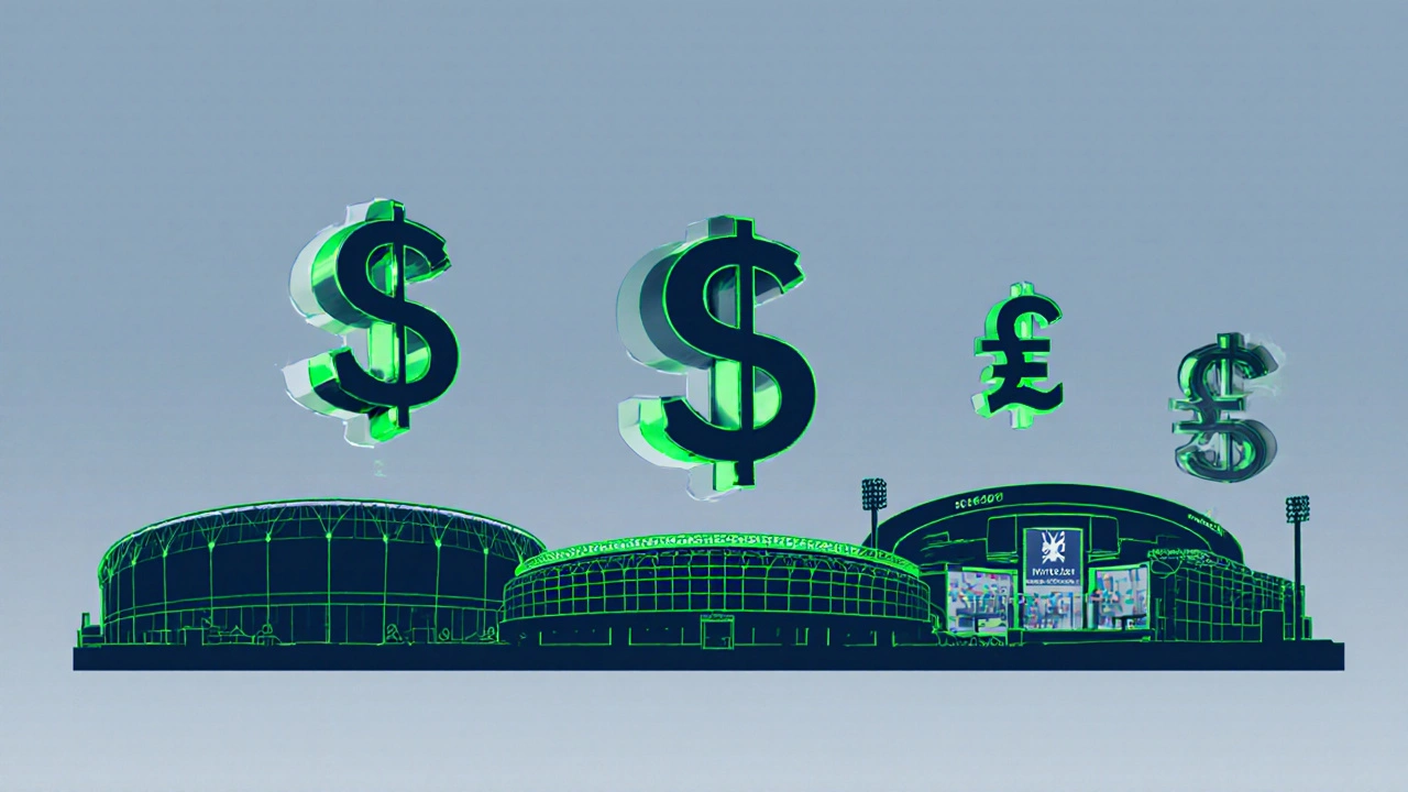 Silhouetted rugby stadiums with floating AU$ symbols of different sizes above each.