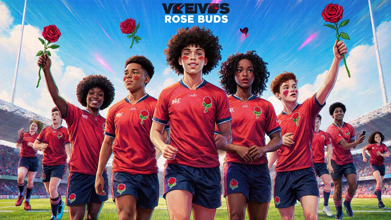 Teen rugby players with red rose patches and face paint at a youth training camp.