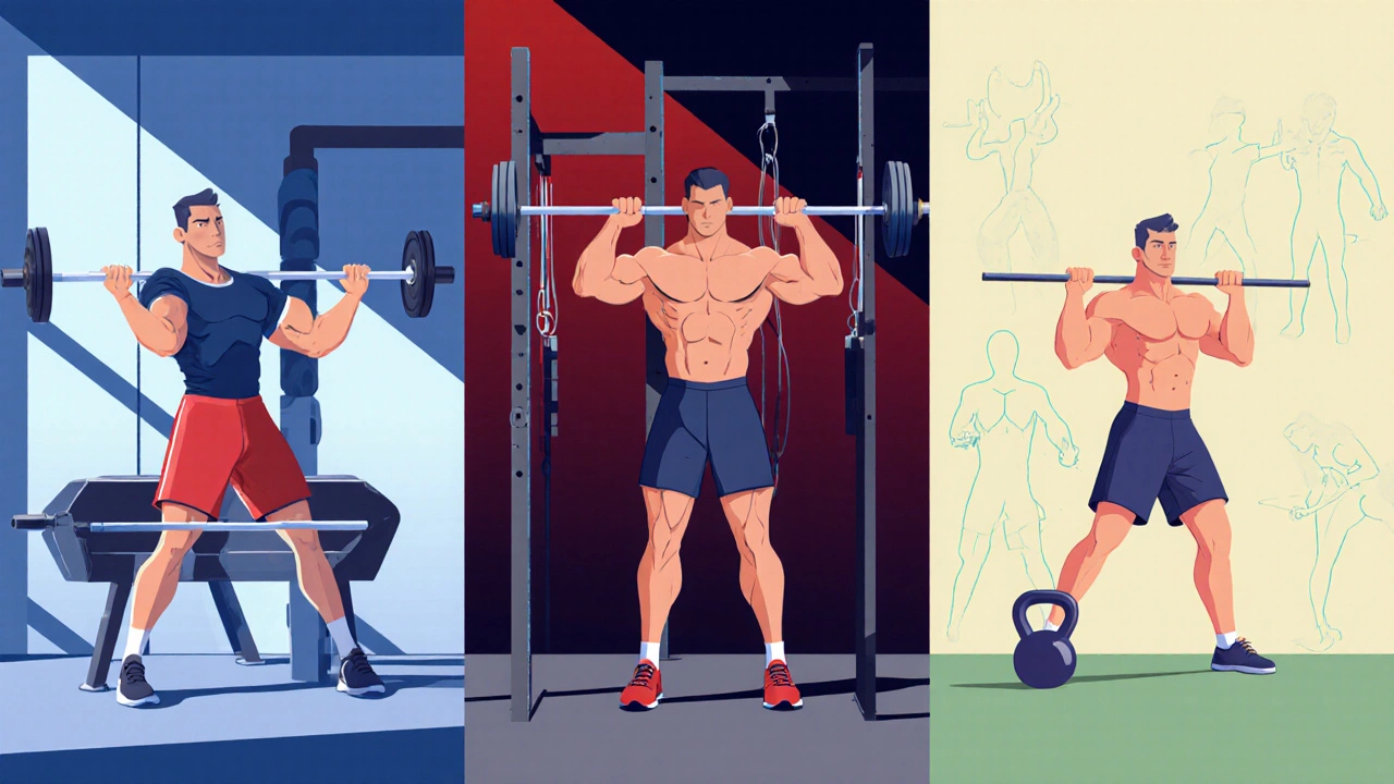 Three-panel illustration showing Upper/Lower, Push/Pull/Legs, and Full‑Body split workouts.