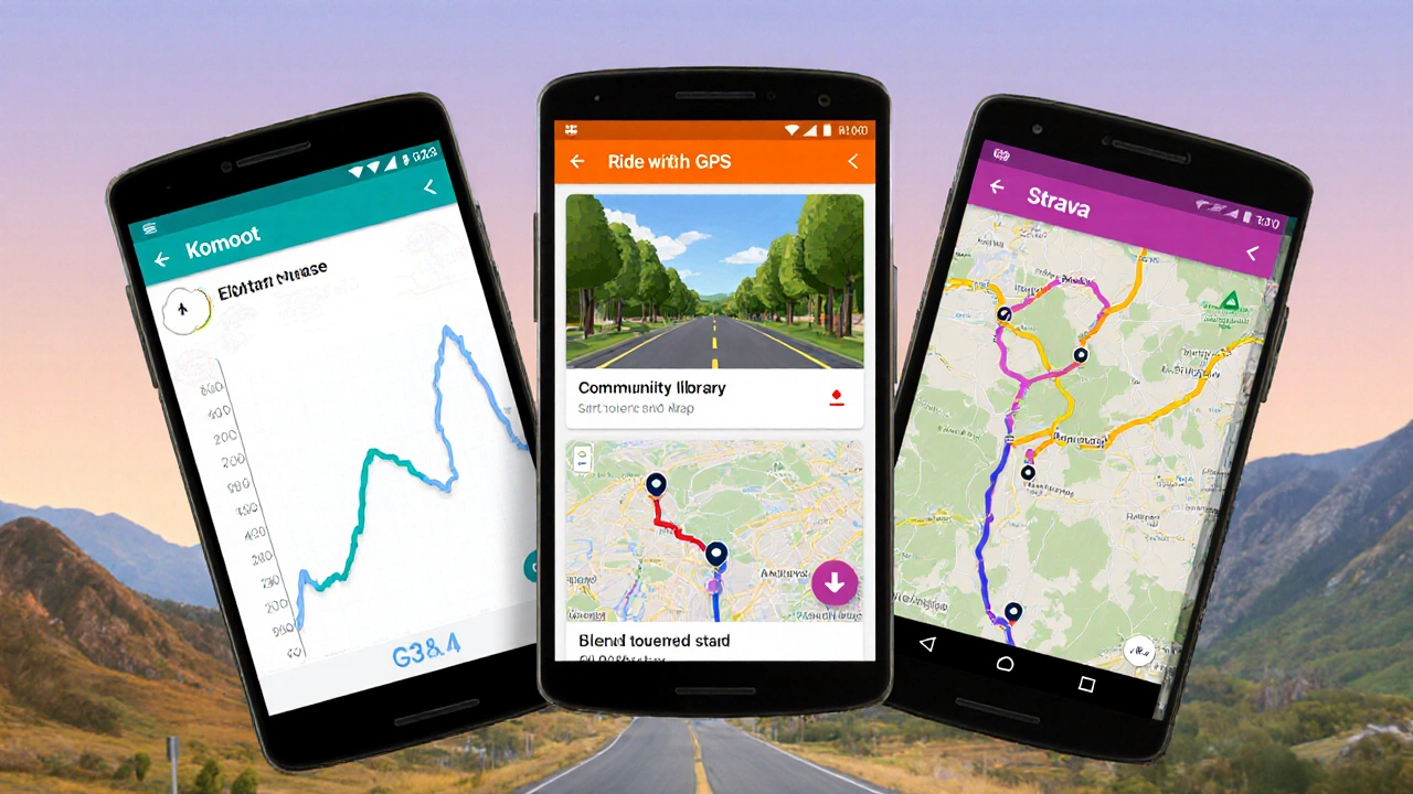 Three phone screens showing elevation, community routes, and offline maps over different terrains.