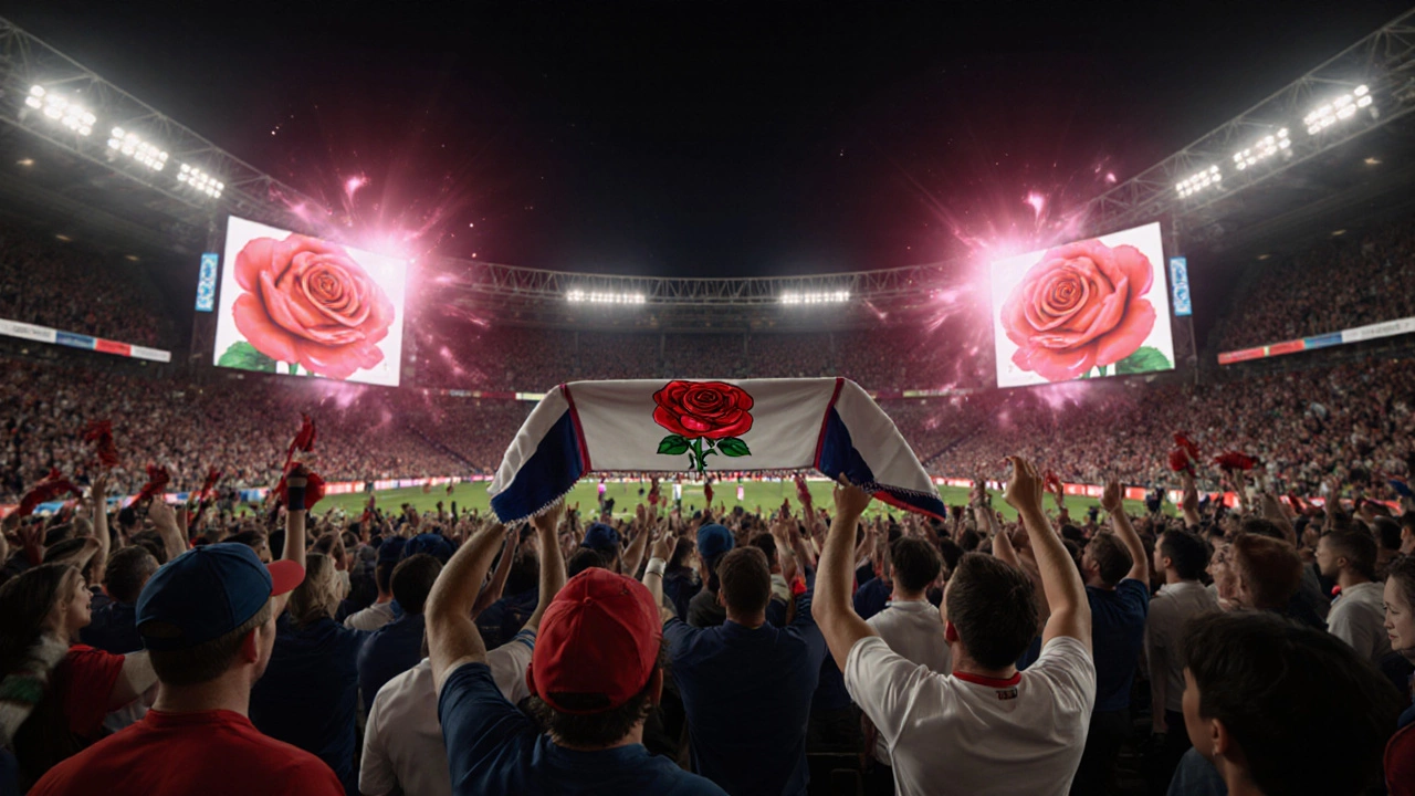 Twickenham stadium with an animated red rose on the big screen as fans cheer.