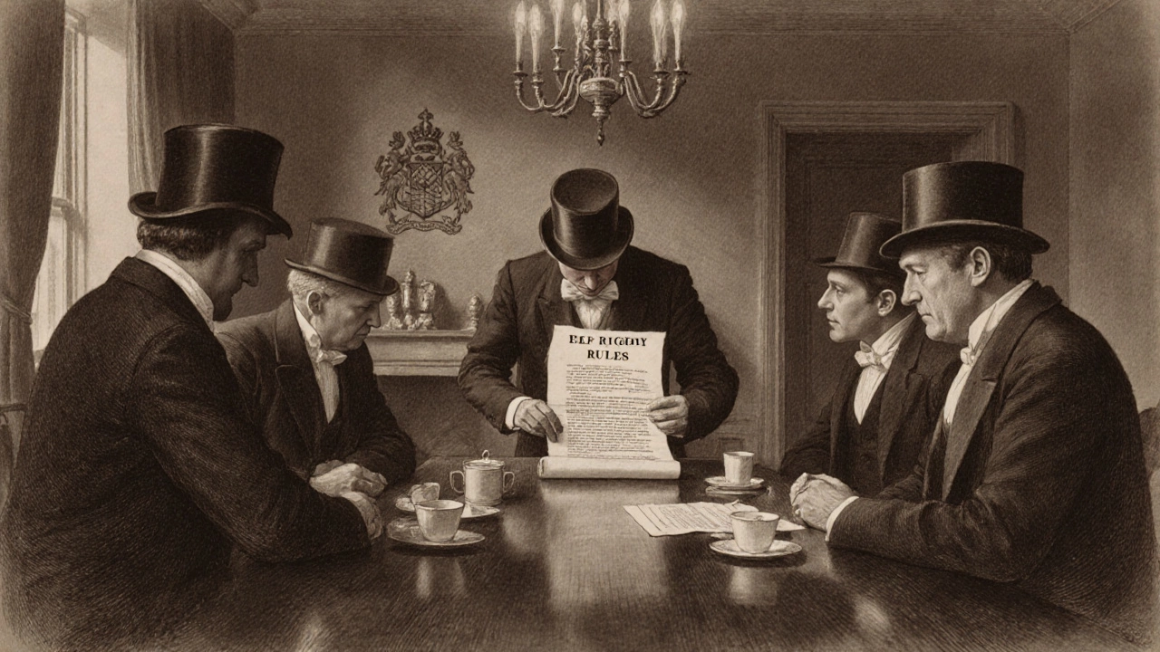 Victorian gentlemen gather around a table to draft rugby rules.