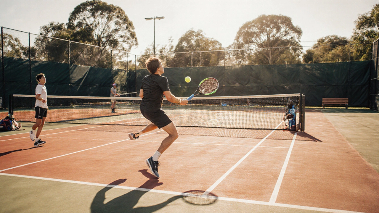 A 4.0 player at the net executing a volley during a local community tennis tournament.