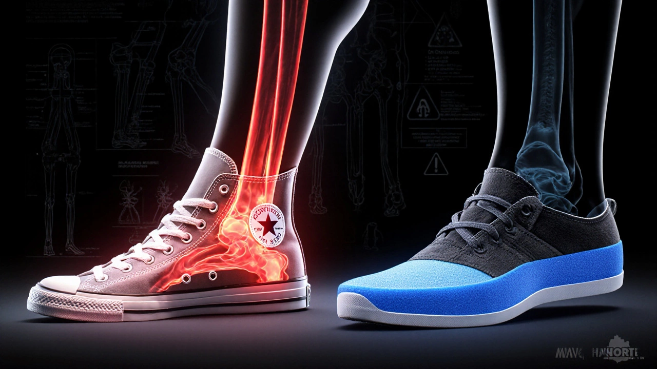 Biomechanical illustration showing shockwaves from Converse sole traveling up leg into joints, contrasted with cushioned running shoe.