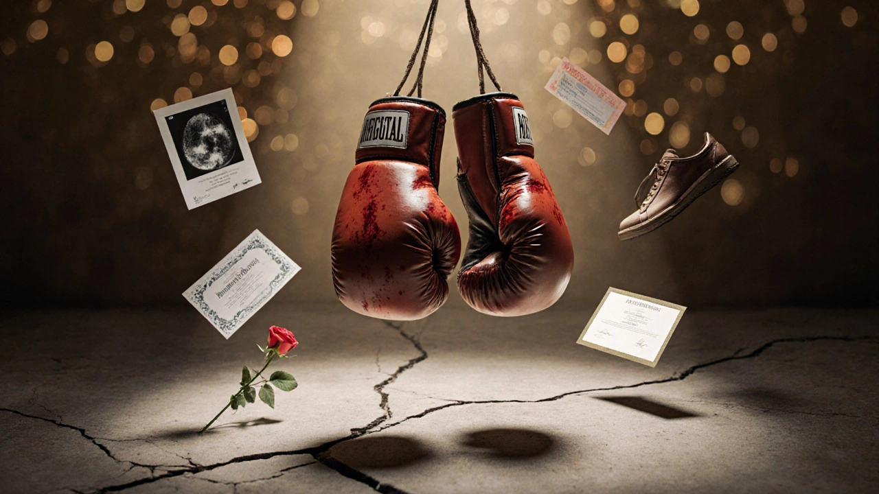 Bloodied boxing gloves float above cracked concrete, surrounded by symbolic objects in golden light.