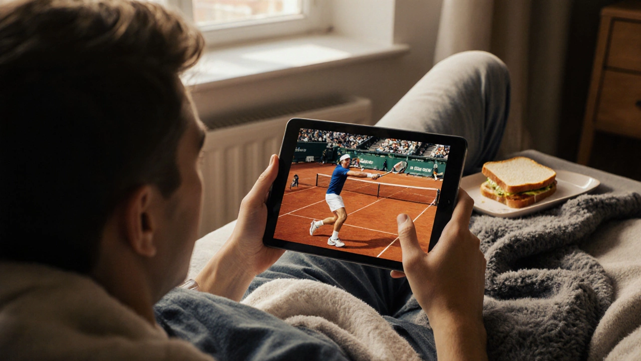 British fan watching French Open match on tablet on a cozy sofa.