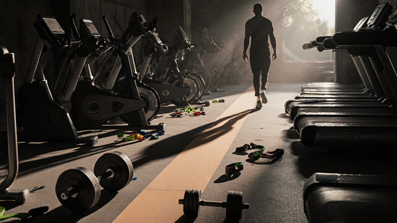 Clean path in a cluttered gym leads from weights to cardio, illustrating optimal exercise order.