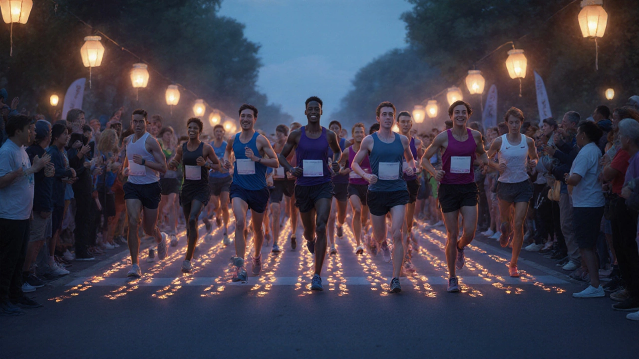 Diverse group of runners crossing finish line, some walking, some running, with glowing footprints leading to dusk.