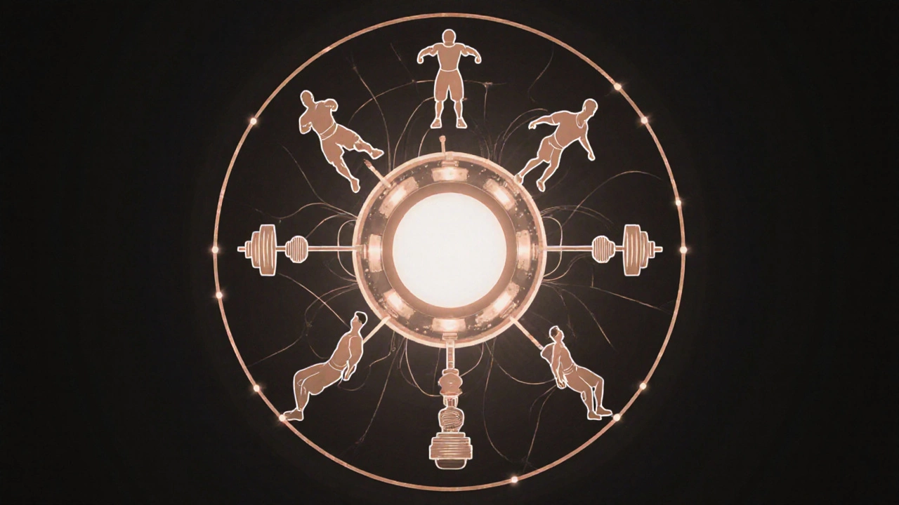 Five compound exercises shown as stylized silhouettes in a circular strength wheel