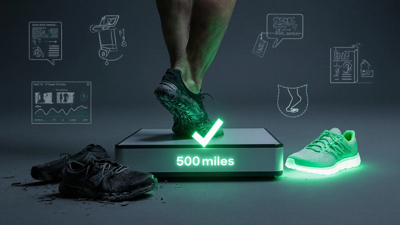 Foot stepping on scale marked &#039;500 miles&#039; with new and worn shoes