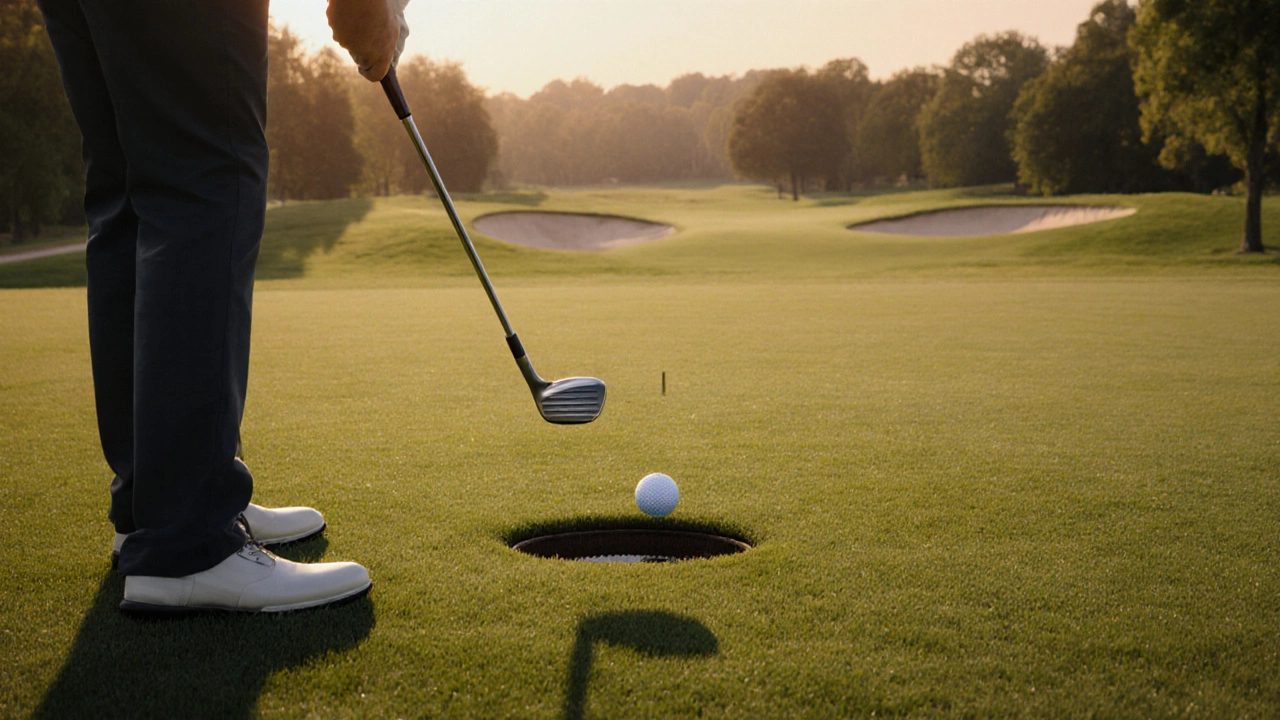 Golfer swinging a 9-iron toward the pin, ball in flight above a smooth green.