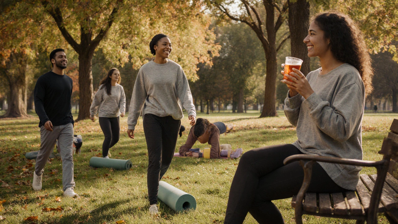 Group of people doing gentle yoga and walking in a park on a peaceful Sunday morning.