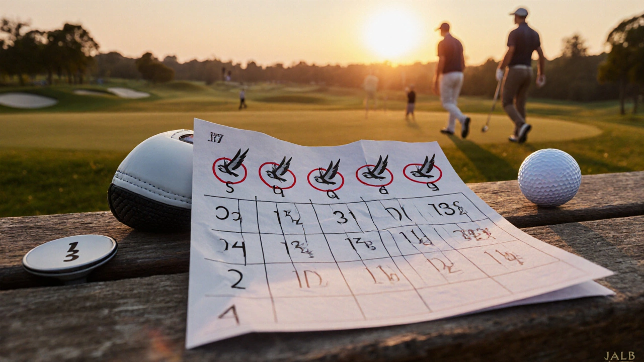 Scorecard with three birdies marked by bird icons, resting on a bench at sunset.