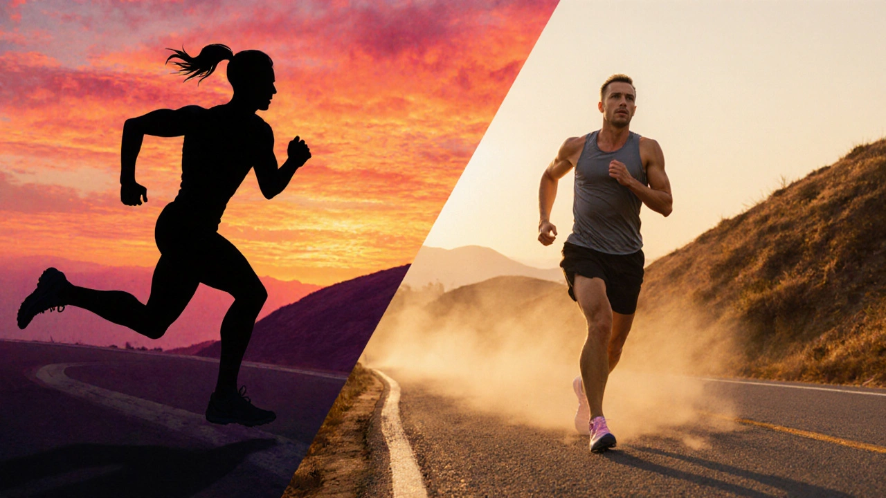 Split-image of runner sprinting uphill versus walking steadily on marathon course at sunset.
