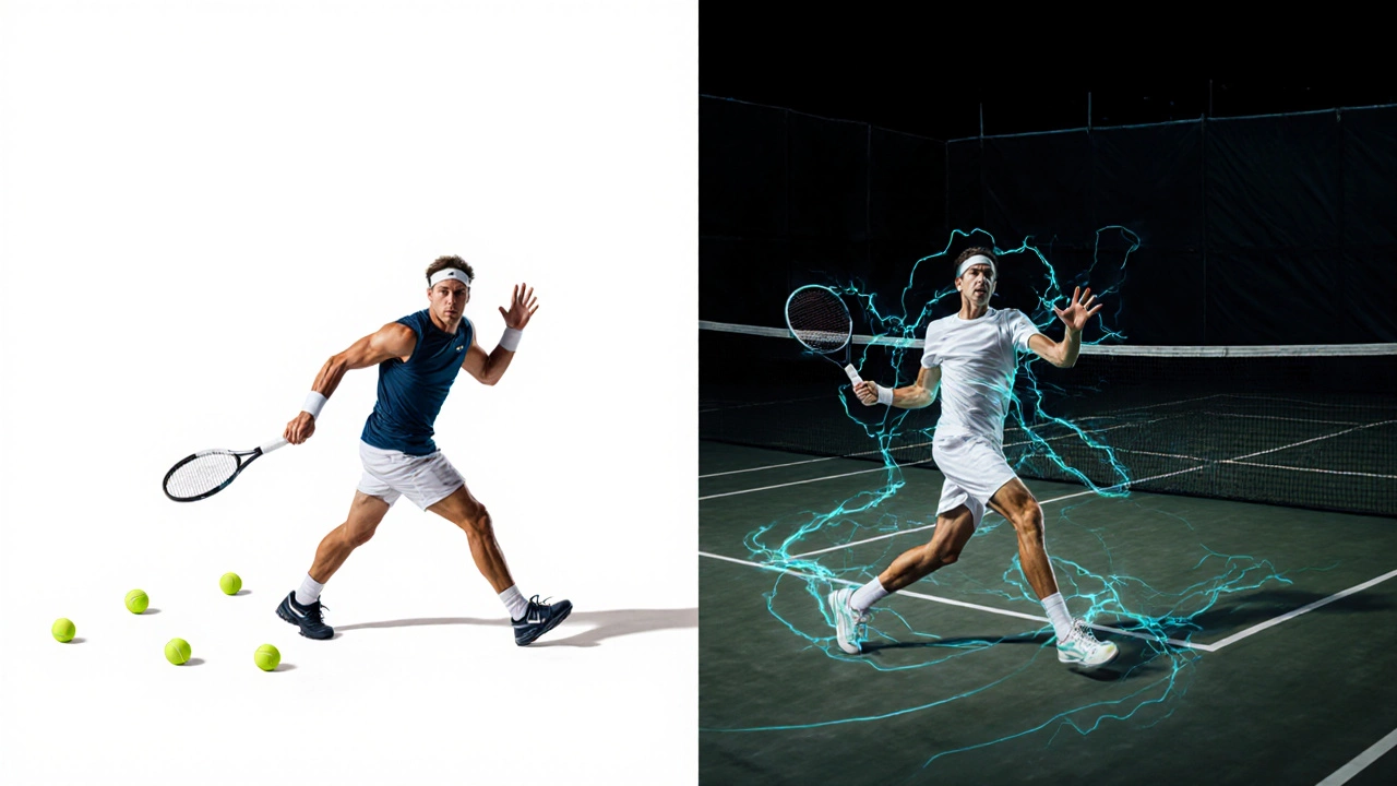 Split-image showing a tennis player&#039;s progression from awkward movement to fluid, tactical play.