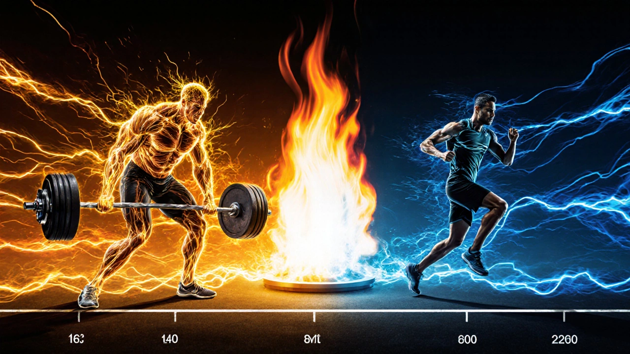 Split-image showing weightlifting with golden energy and cardio with blue tones, symbolizing metabolic burn after strength training.