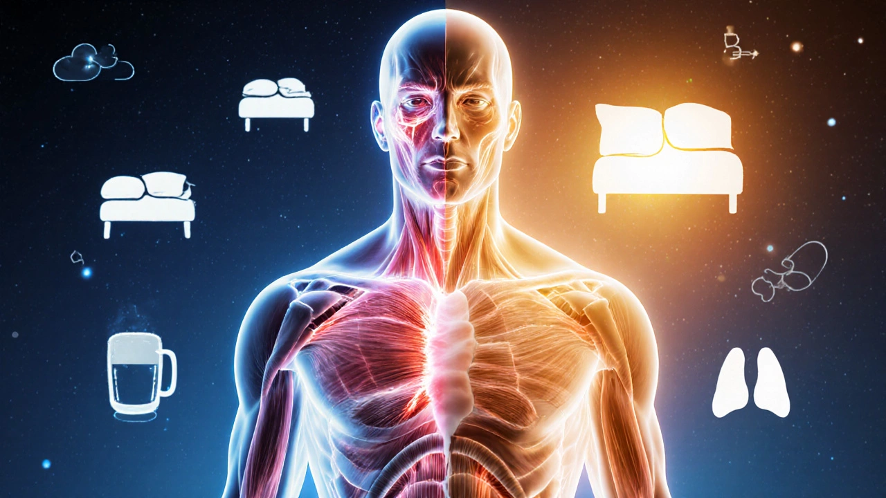 Surreal illustration showing muscle fibers tearing and repairing, symbolizing the science of rest and recovery.