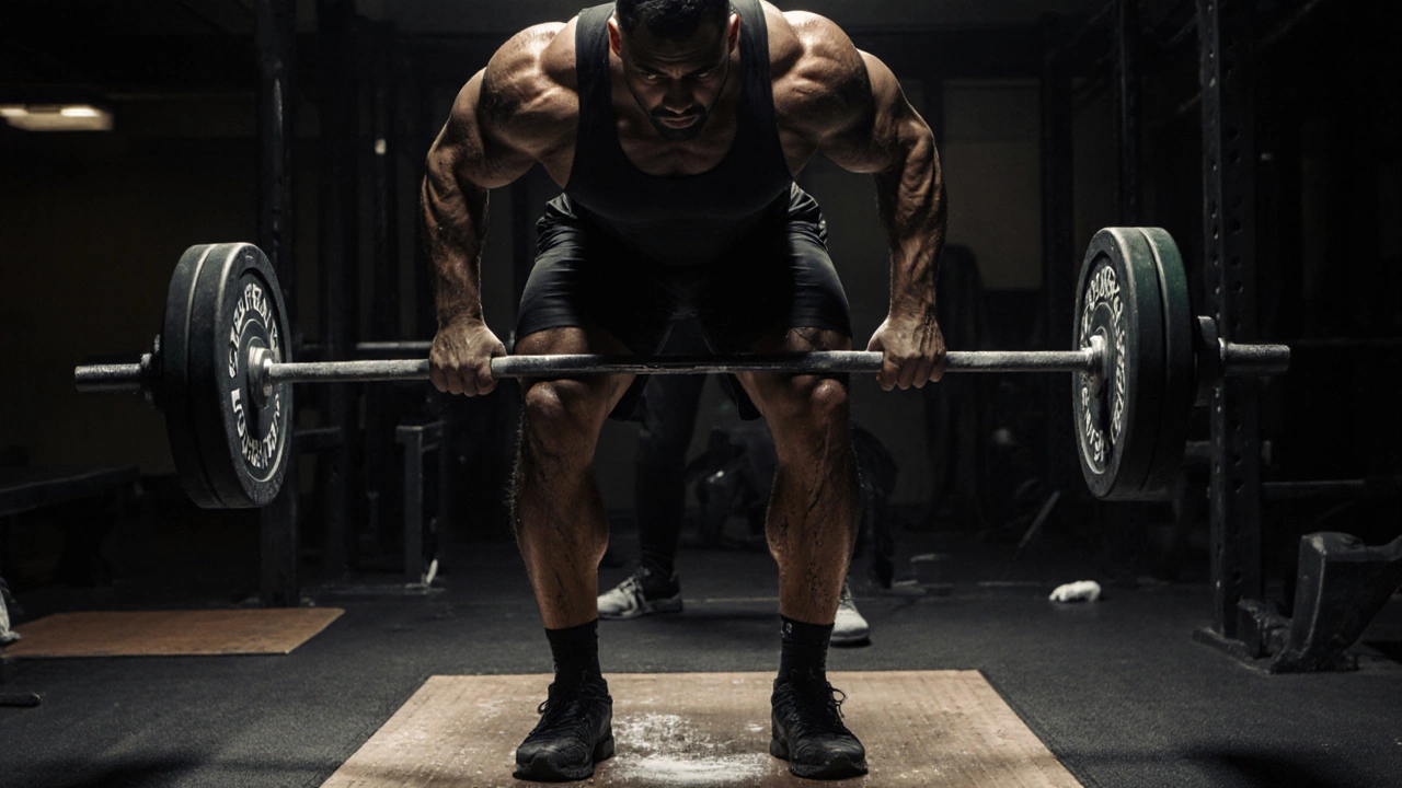 Trainer spotting a deadlift with intense focus and sweat dripping