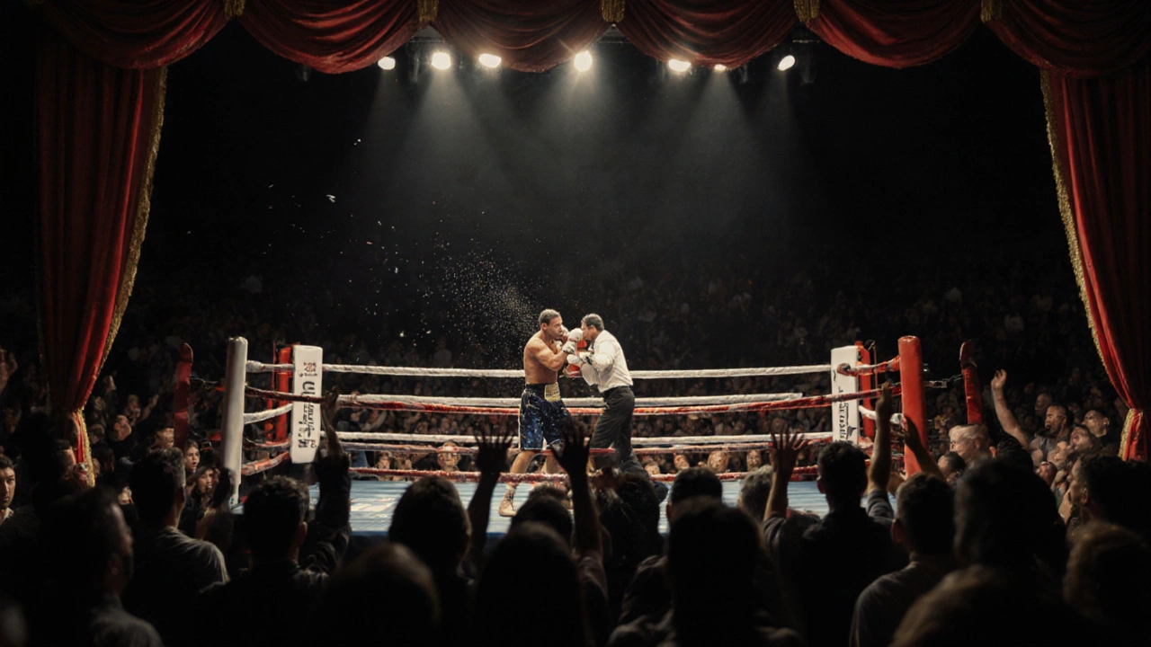 Two fighters in a tense clinch under bright arena lights, crowd blurred in the background.