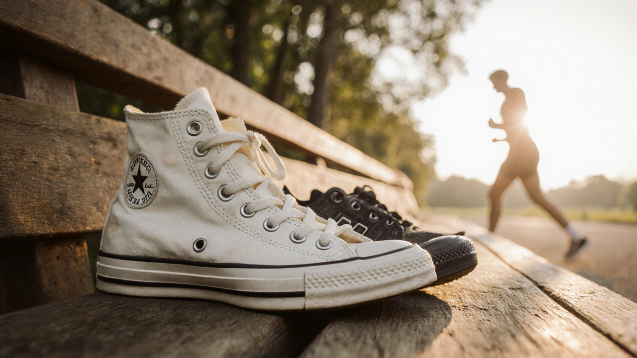 Worn Converse shoes next to affordable running shoes on a bench, morning light, runner in background.