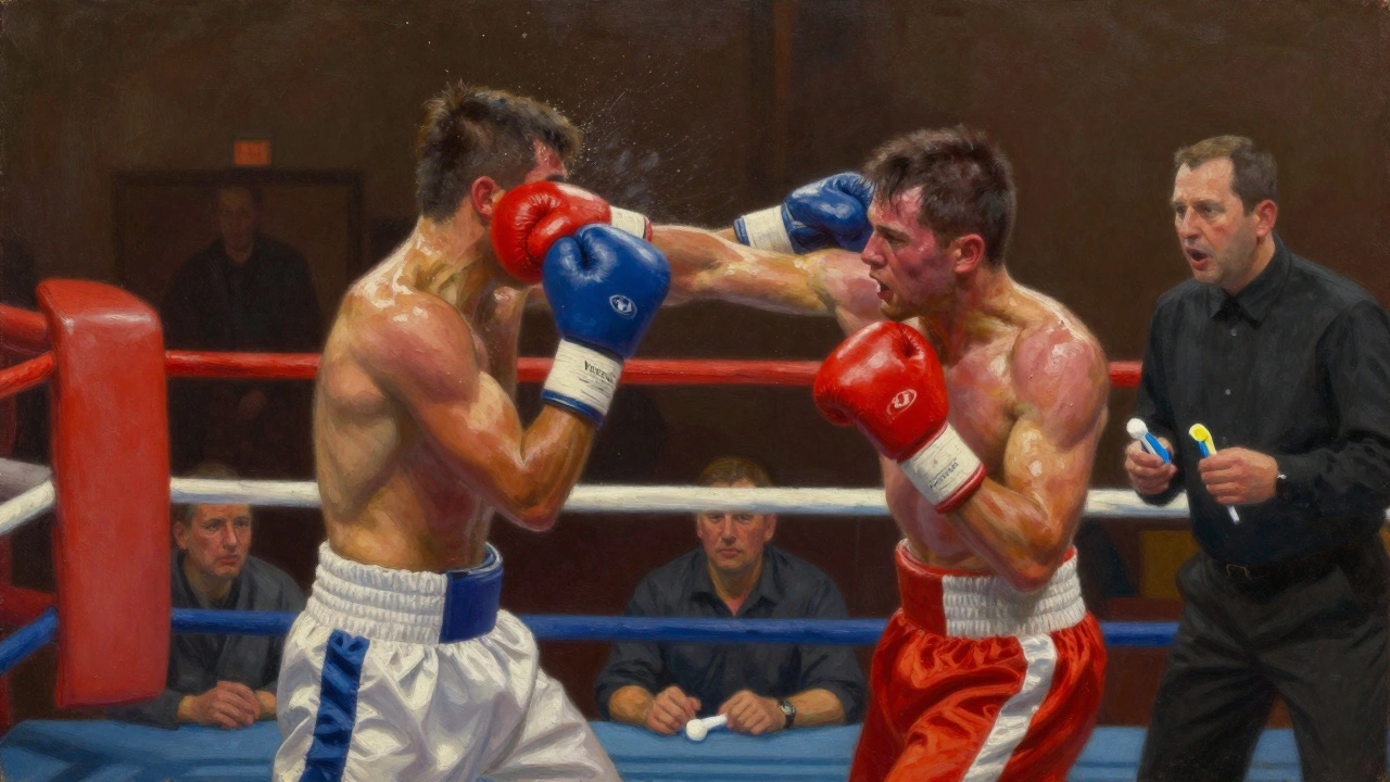 A boxer landing an uppercut while judges watch closely in the ring.